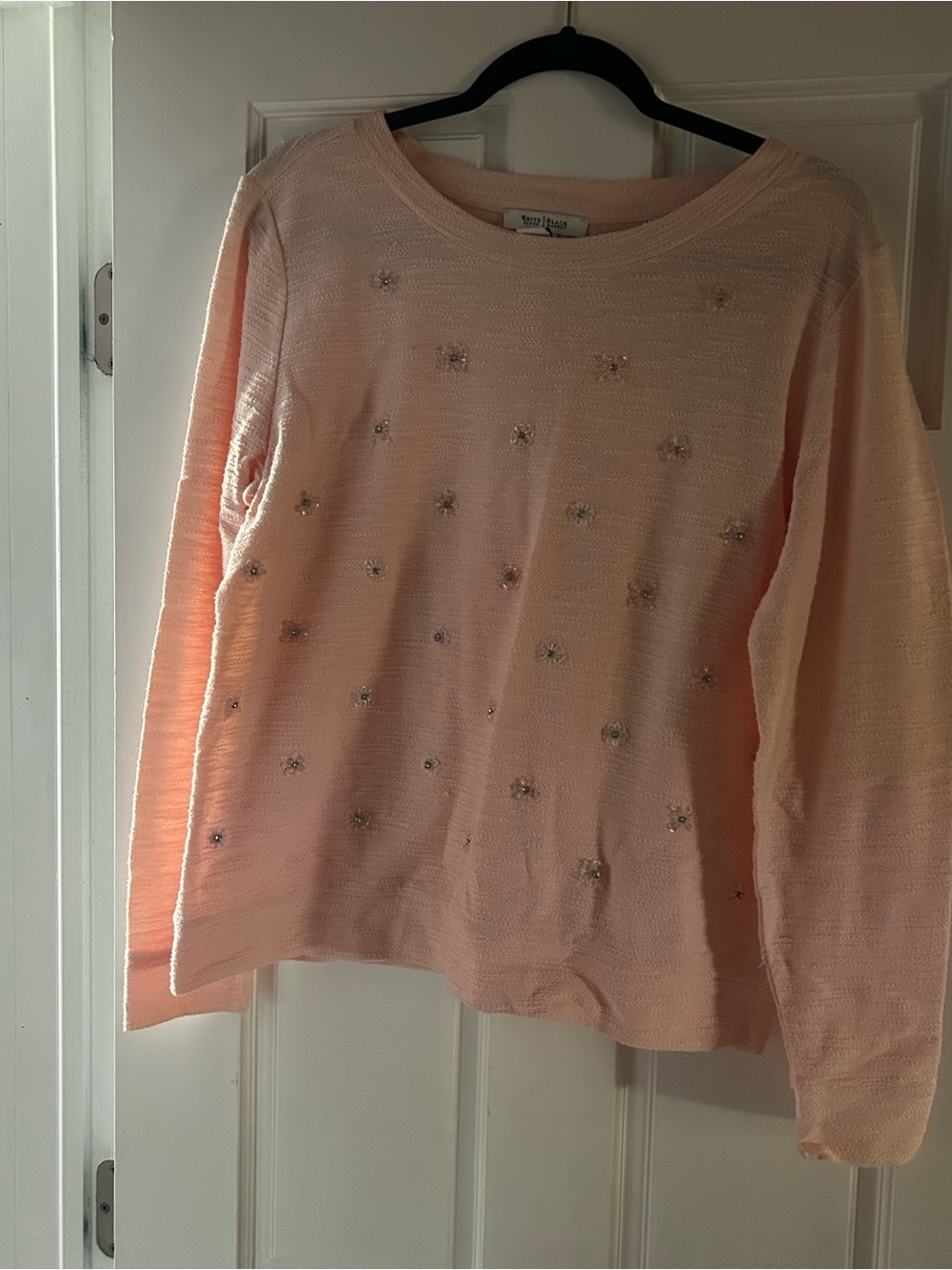 White House Black Market Blush Peach flower beaded Knit Top
